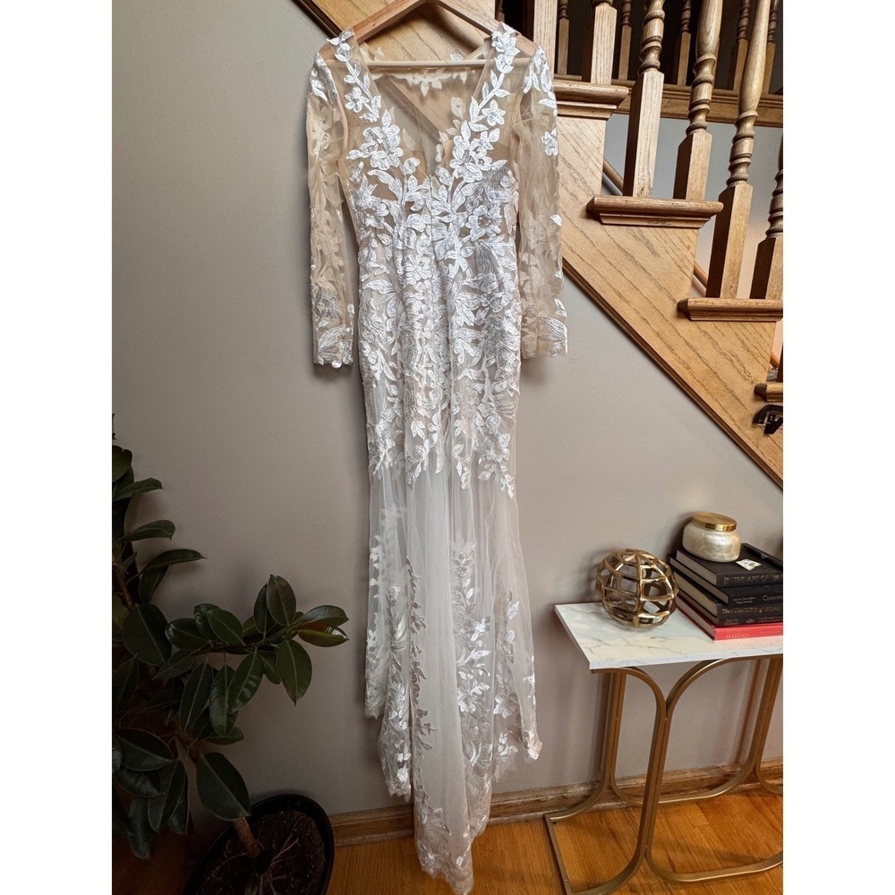 Wedding Bridal Gown White Dress XS/S Lace Floral Appliqué Sheer Long Sleeve - Picture 7 of 16